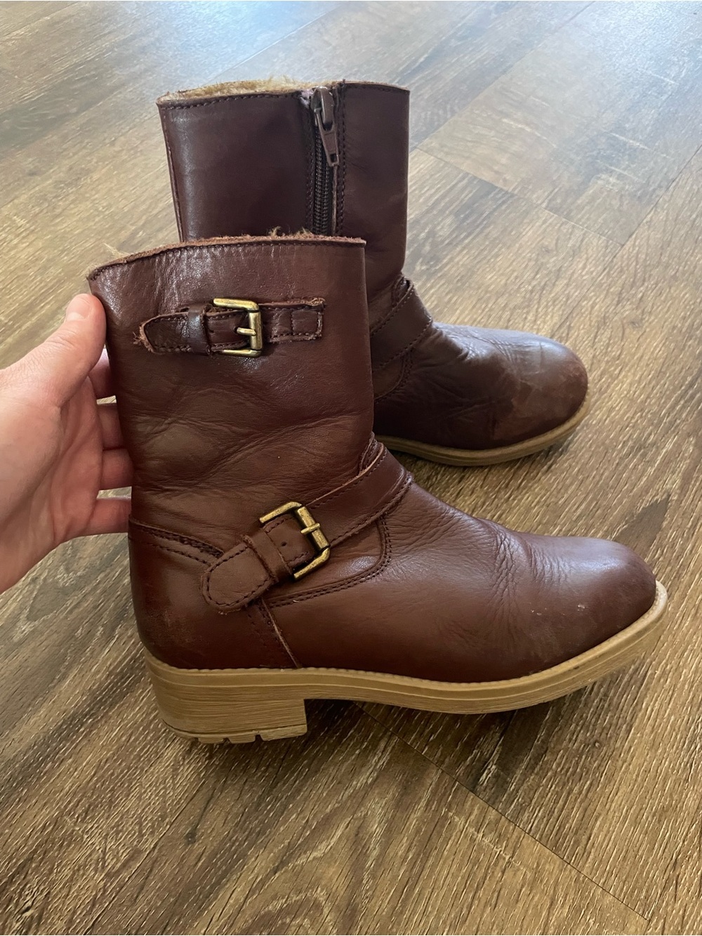 Kids Brown Leather Ankle Boots with Buckle Detail